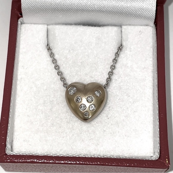 Solid 14K Yellow White Gold Natural Diamond Chunky Puffy Heart Pendant Necklace - Picture 12 of 17